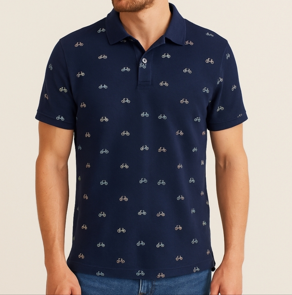 H&M Navy Bicycle Print Polo Shirt Men’s Medium Cotton